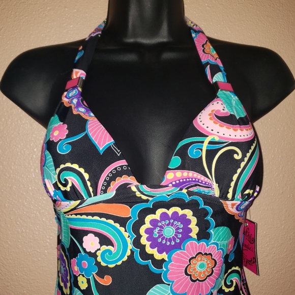 CANDIE'S Bright Neon Colorful Rainbow Floral Butterfly Halter Tankini Top Sz XS - Picture 3 of 16